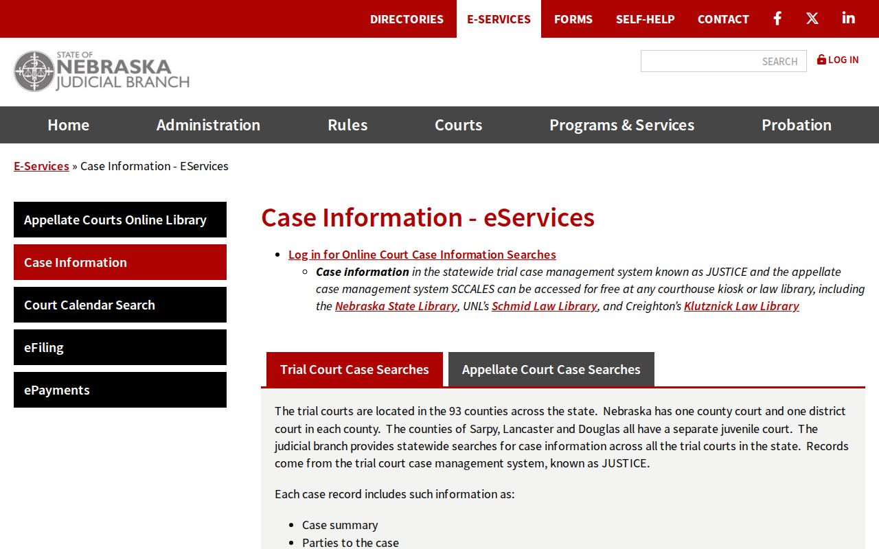 Colfax County case search options on Nebraska Judicial Branch case information eServices