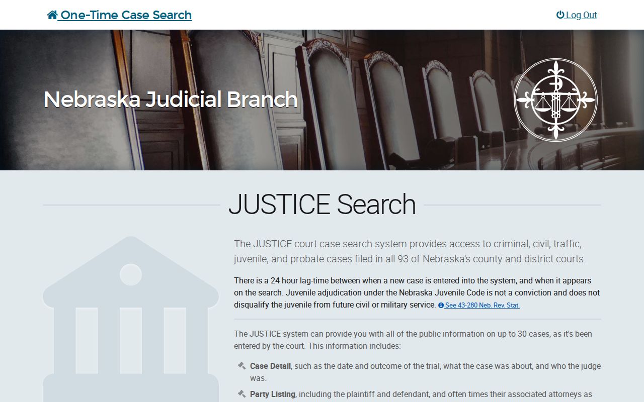 Colfax County case search access on Nebraska JUSTICE One-Time Court Case Search