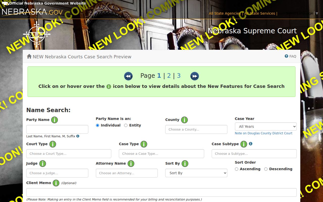 Colfax County case search filter fields in official Nebraska JUSTICE preview