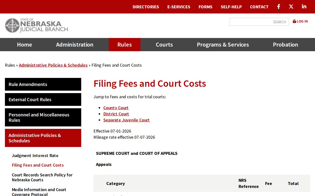 Colfax County civil docket filing fees and court costs schedule
