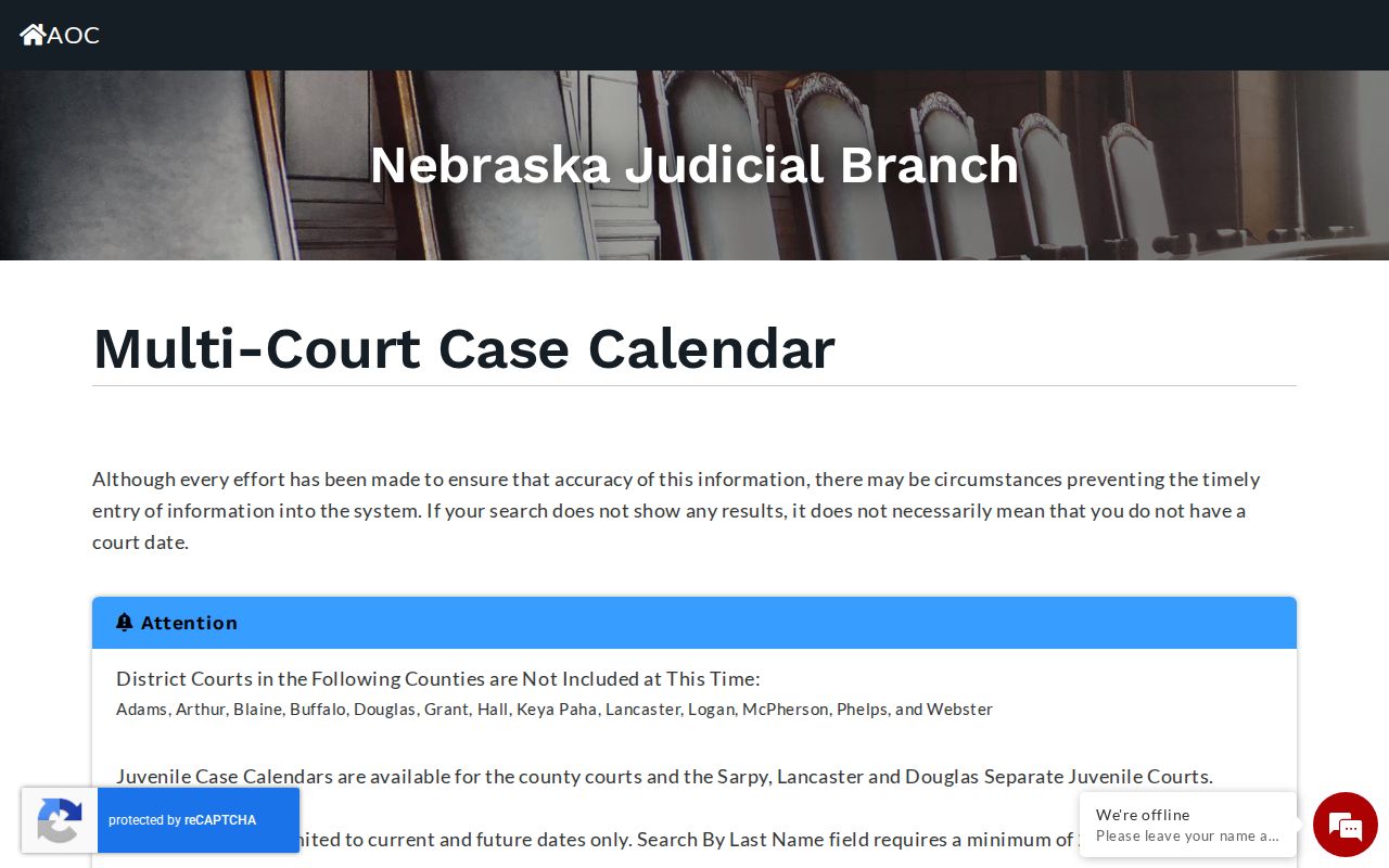 Colfax County court calendar interface for Nebraska Multi-Court Case Calendar