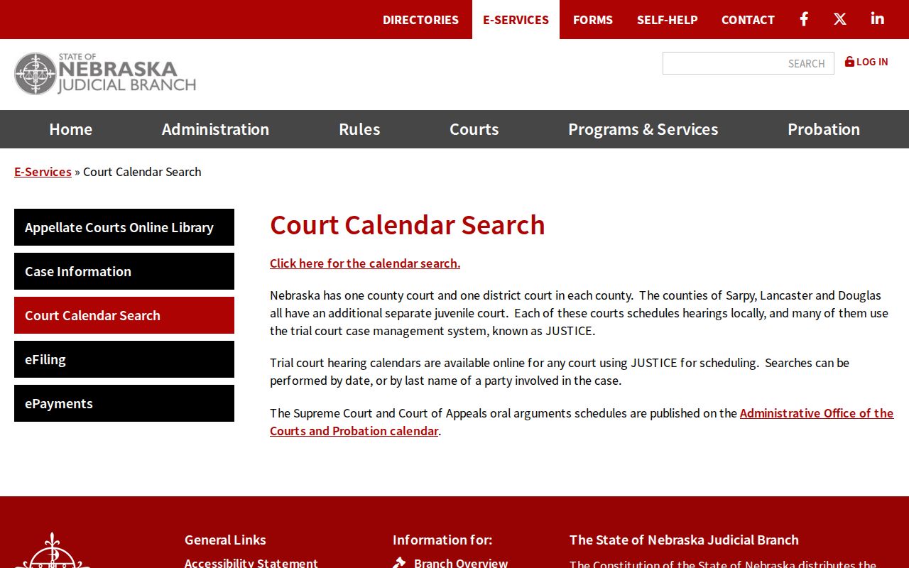 Colfax County court calendar information on the Nebraska Judicial Branch