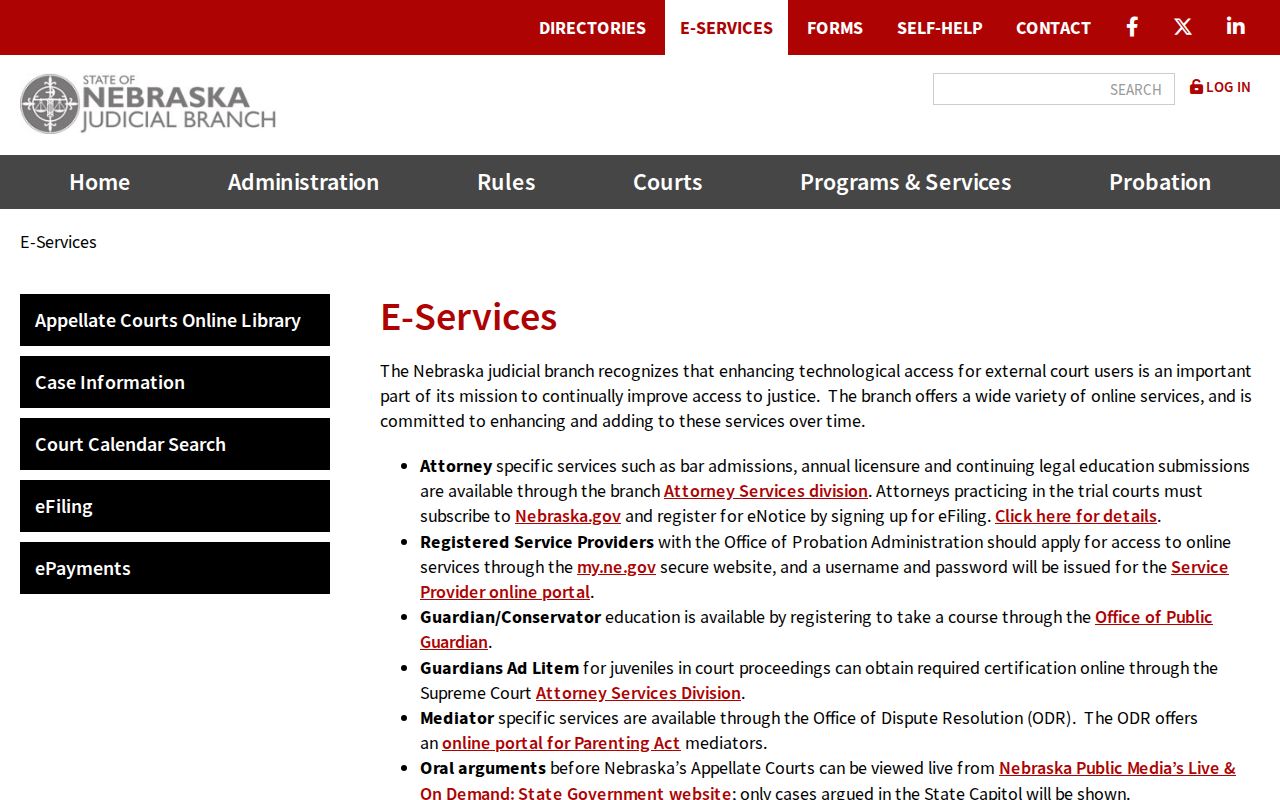Colfax County court calendar context on Nebraska Judicial Branch eServices