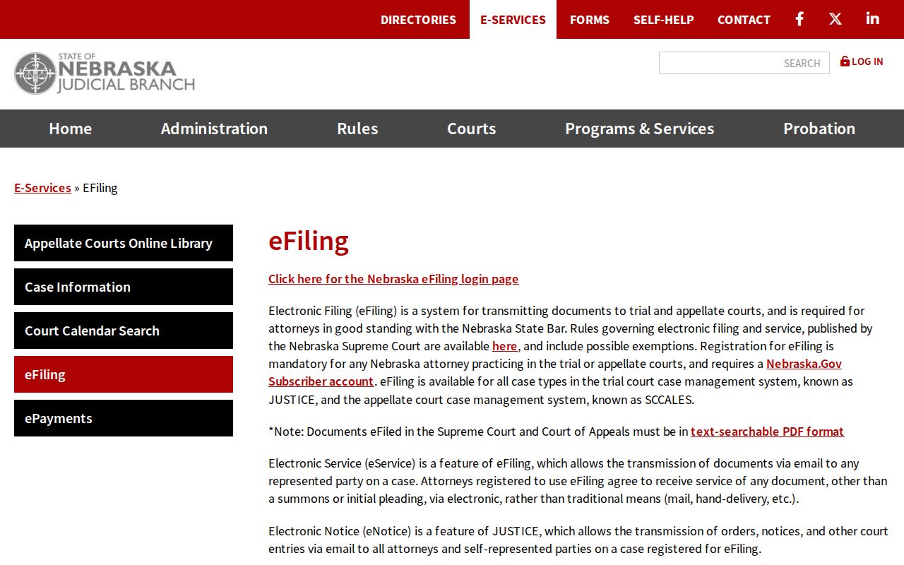 Colfax County court calendar context with Nebraska Judicial Branch eFiling service