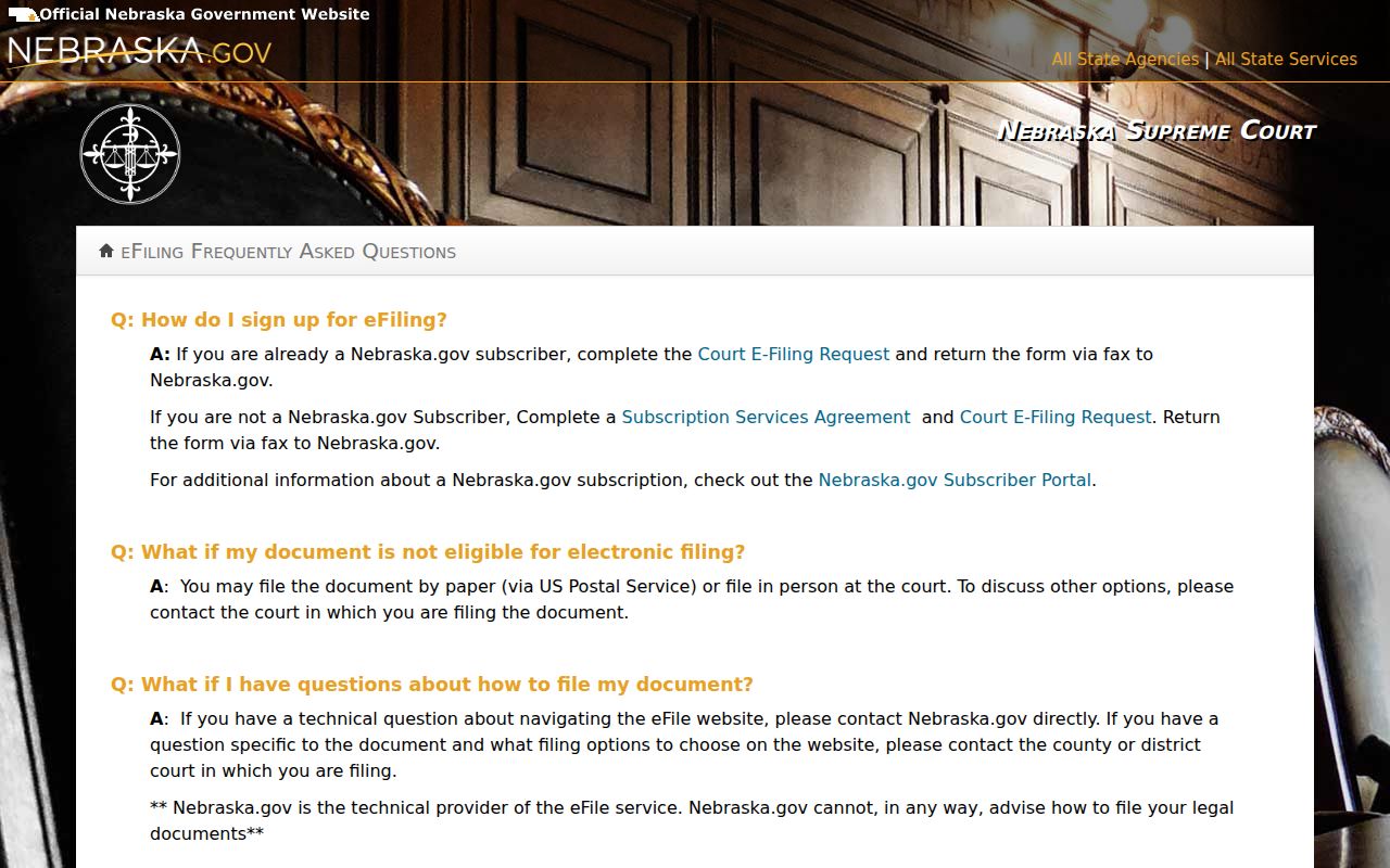 Colfax County court calendar distinction from Nebraska eFile FAQ