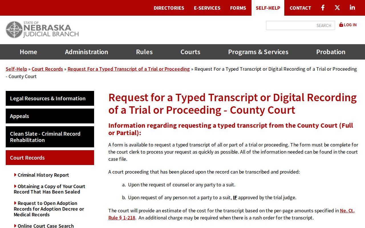 Colfax County court records typed transcript request information
