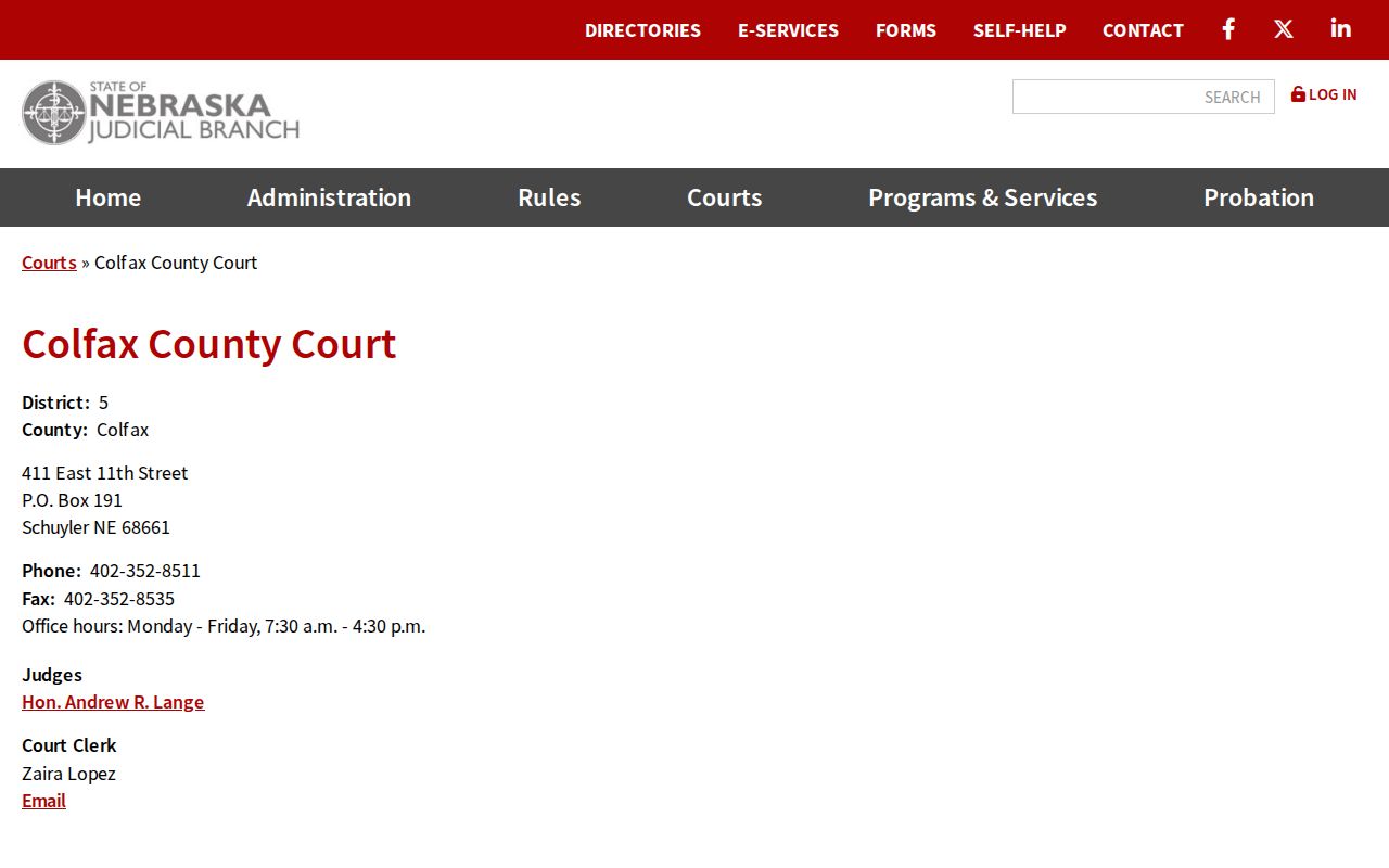 Nebraska Judicial Branch Colfax County Court profile used to confirm local court contact information