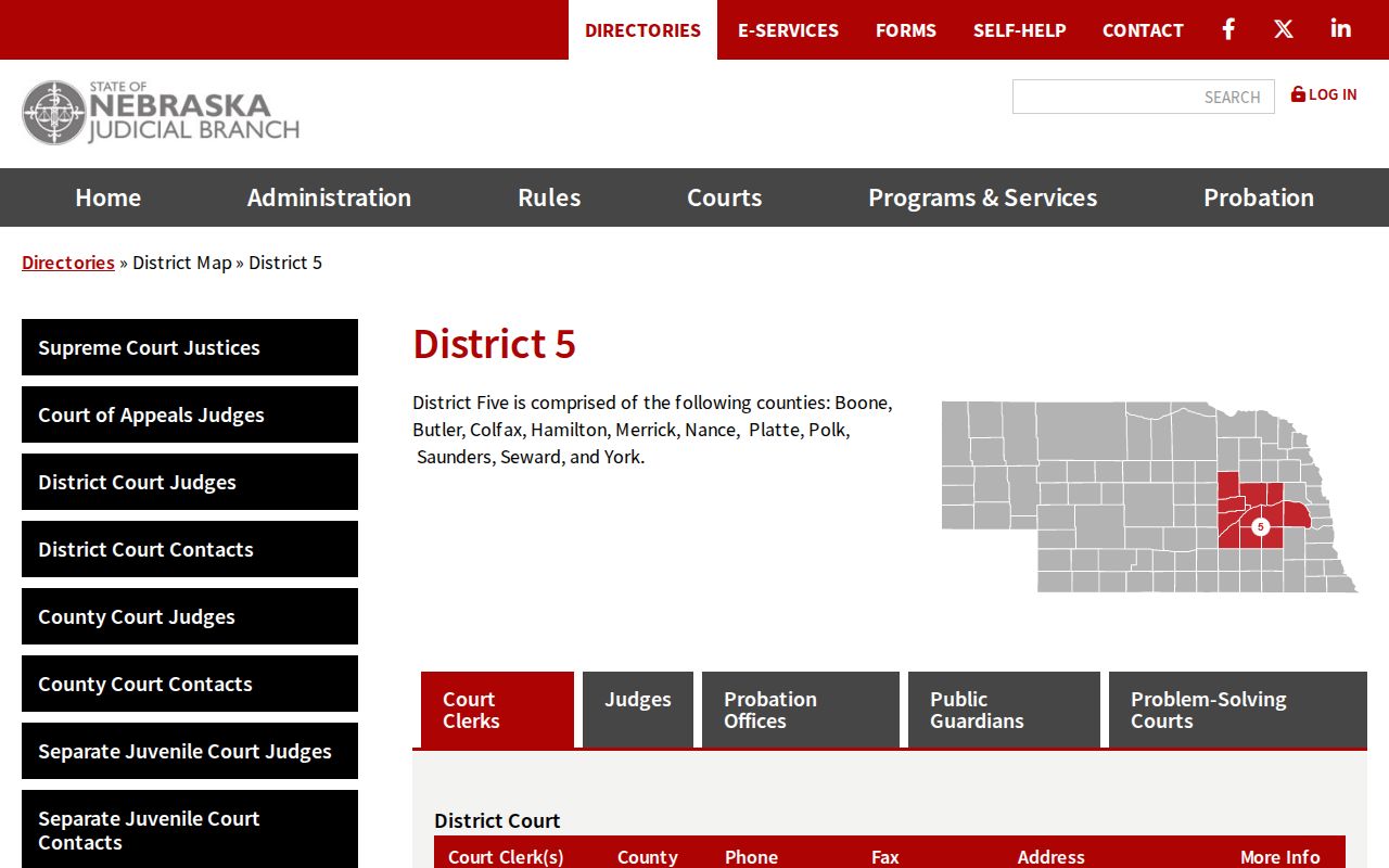 Fifth Judicial District map showing Colfax County in Nebraska's district court system