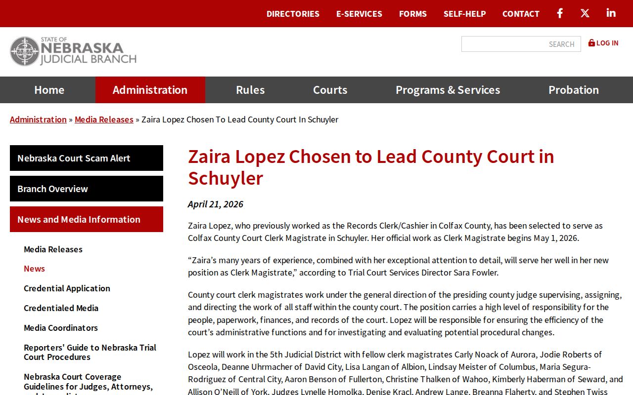Schuyler court docket Colfax County Court Clerk Magistrate announcement