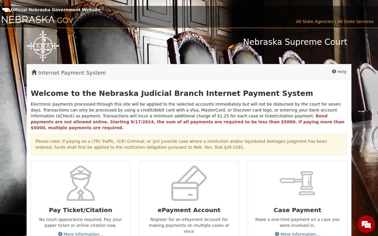 Colfax County traffic court records Nebraska Judicial Branch payment system